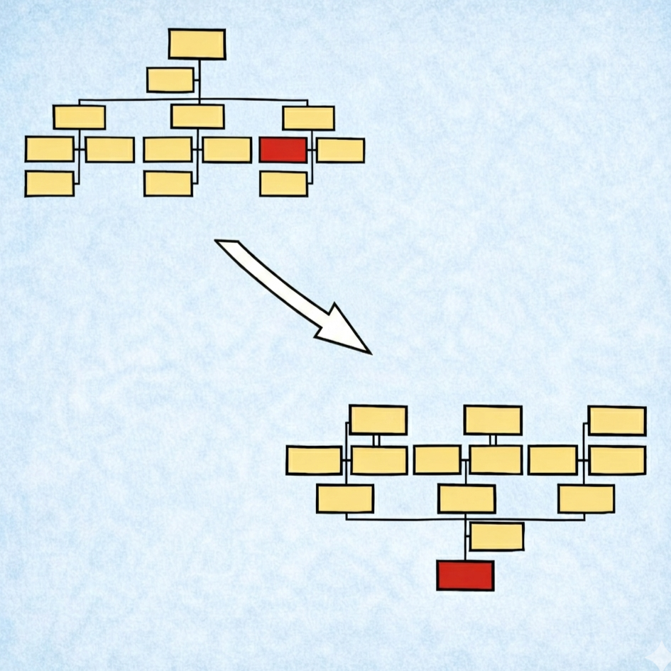 Das Bild zeigt im oberen Bildteil ein Organigramm mit lauter gelben und nur einem roten Kästchen in der 4. Ebene. Ein Pfeil zeigt auf die auf den Kopf gestellte Variante des Organigramms darunter, mit dem roten Kästchen alleine ganz unten.