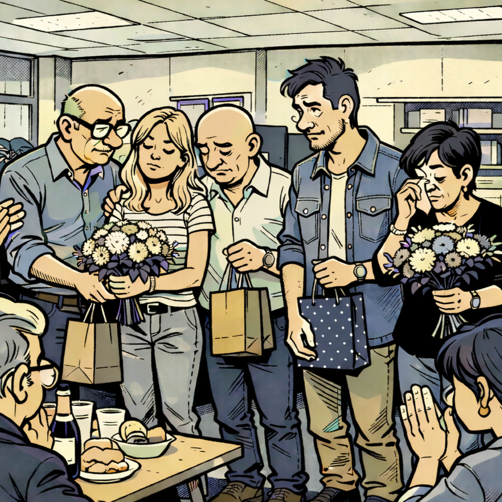 Menschen bei einem Abschiedstreffen, einige halten Blumen, andere haben Geschenkbeutel. Es gibt einen Tisch mit Essen und Getränken.