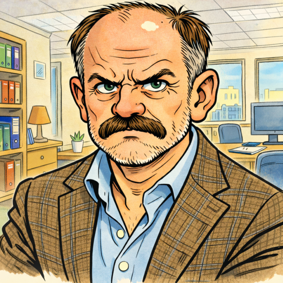 Karikatur eines böse aussehenden Mannes mit Schnurrbart und kurzhaarigem Haar in einem Büro mit Büchern und Computer im Hintergrund.