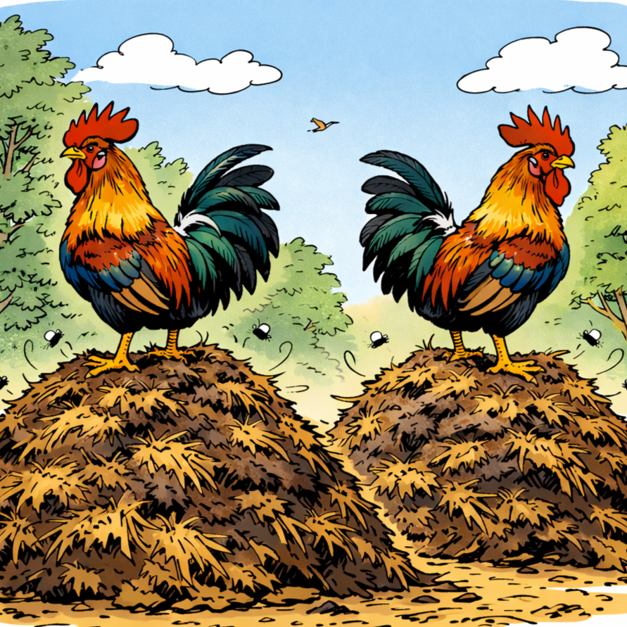 Zwei bunte Hühner auf Strohhalmen in einer natürlichen Umgebung mit Bäumen und Wolken, Vögeln im Himmel, fliegender Vogel im Hintergrund, Bienen um die Hühner.