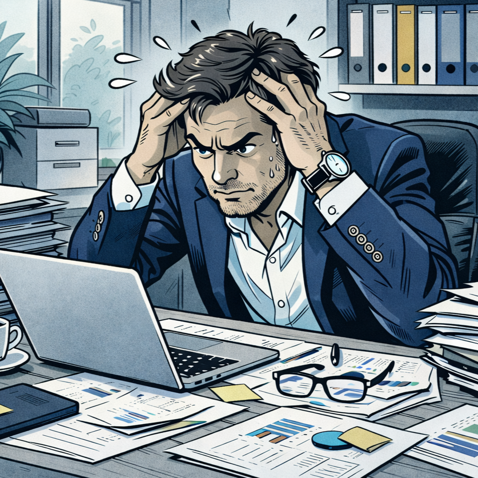 Gestresster Geschäftsmann, der am Schreibtisch mit vielen Papieren und einem Laptop sitzt, hält sich den Kopf und schwitzt.