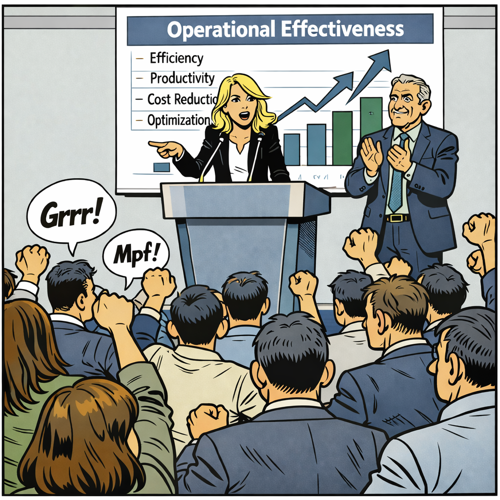 Eine Frau hält eine Präsentation vor einem Publikum, das aufgebracht ist und protestierende Gesten zeigt. Auf einem Bildschirm im Hintergrund sind Begriffe wie Effizienz, Produktivität, Kostenreduzierung und Optimierung sowie eine steigende Graphlinie zu sehen.