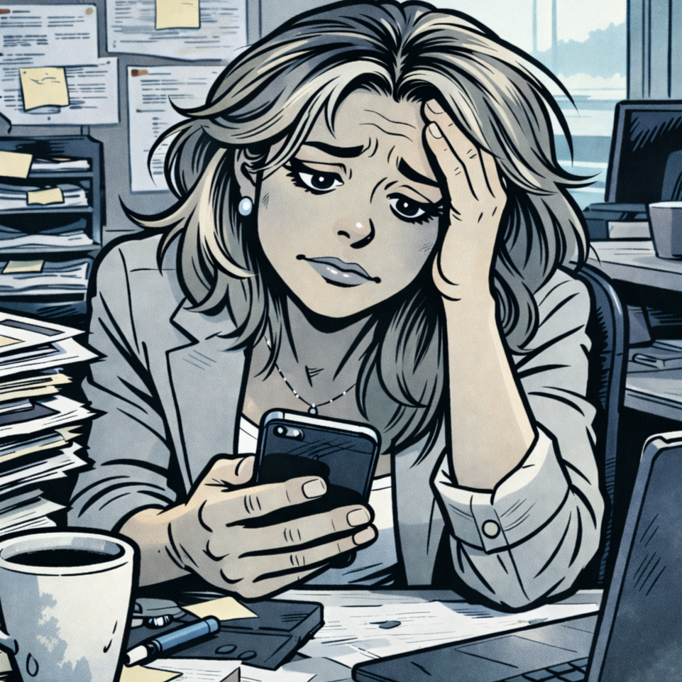 Eine Frau sitzt in einem chaotischen Büro und schaut auf ihr Smartphone, mit einem besorgten oder gestressten Gesichtsausdruck, umgeben von Papieren, Stiften und Kaffetasse.