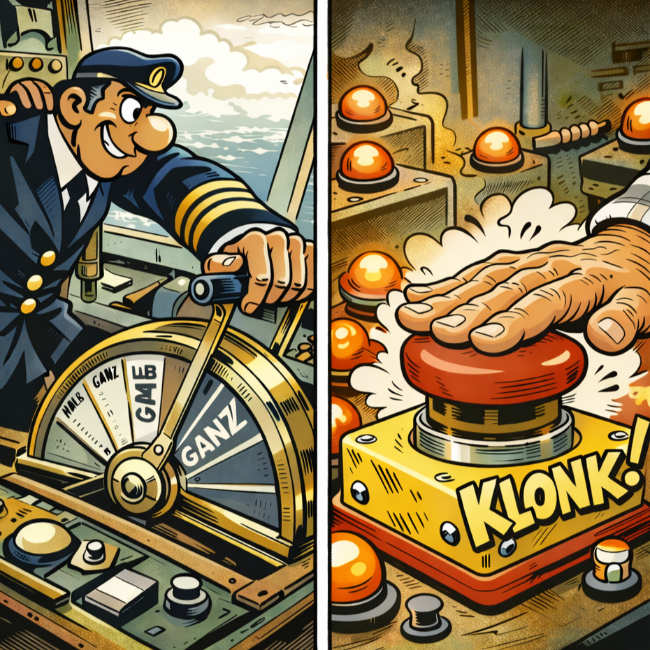 Eine Cartoon-Zeichnung eines Kapitäns, der das Steuer auf einem Schiff hält und auf das Meer blickt, auf der rechten Seite eine große rote Notfalltaste, die gedrückt wird, mit Knall und Rauch, umgeben von knallenden roten Lampen.