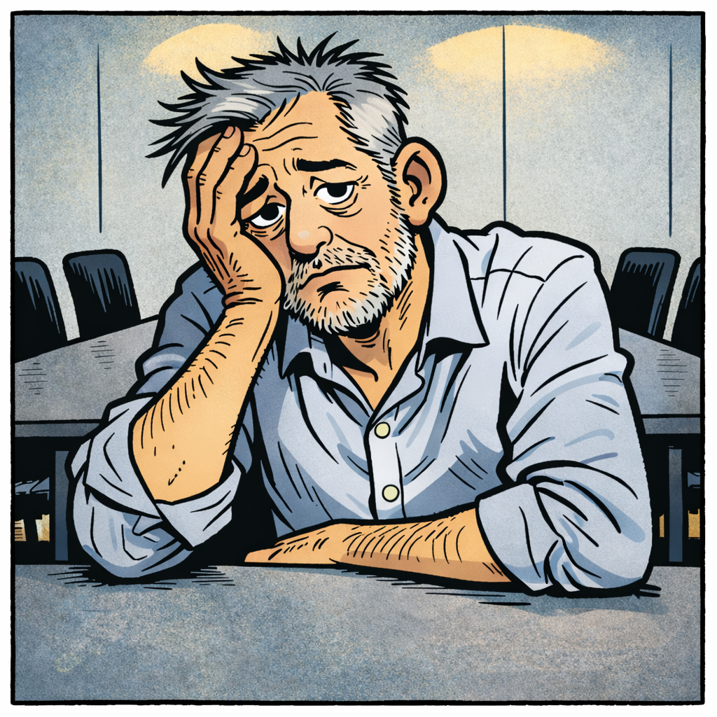 Ein müder, gestresster Mann mit grauem Haar und Bart sitzt an einem Konferenztisch, stützt seinen Kopf mit einer Hand und sieht erschöpft aus.