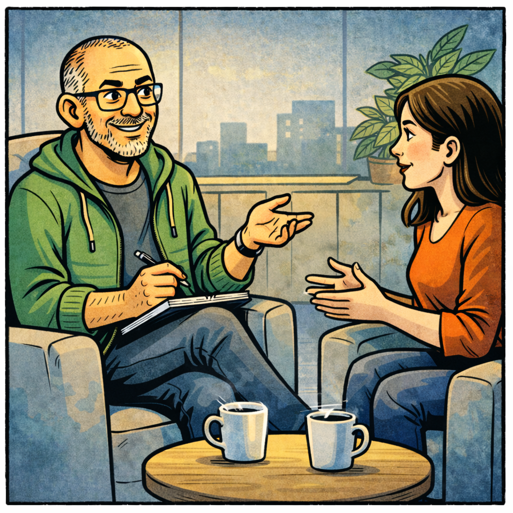 Ein Mann und eine Frau befinden sich in einer Coaching-Sitzung einem gemütlichen Raum bei zwei Tassen Kaffee, im Hintergrund ein Fenster mit Stadtblick und eine Pflanze.