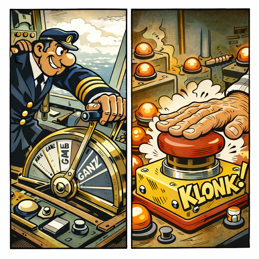 Karikatur eines Kapitäns, der einen Steuerhebel auf "Vollkraft voraus" drückt. Auf der rechten Seite eine Hand, die einen großen roten STOPP Knopf drückt, mit einem lauten "KLANG!"-Soundeffekt.