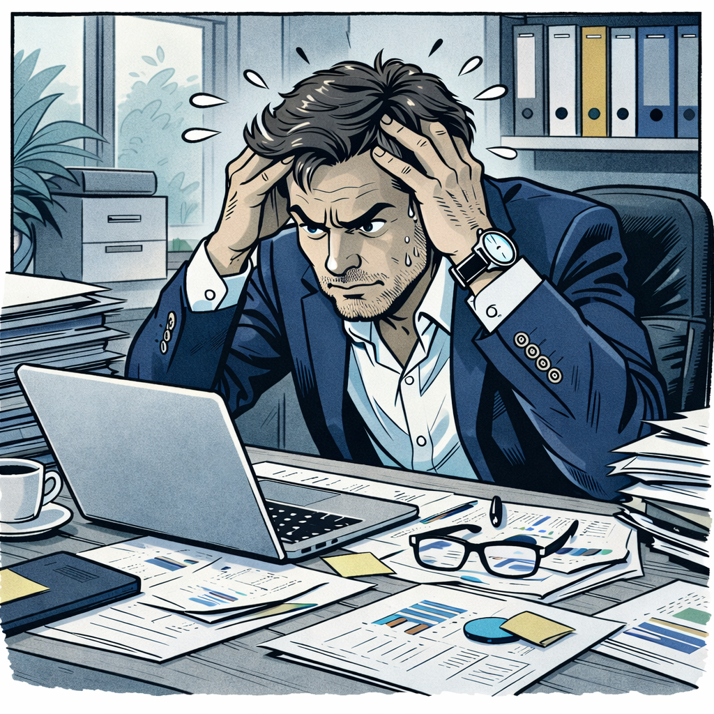 Ein gestresster Mann in einem Büro sitzt vor einem Laptop, umgeben von Papieren, Akten und einer Brille, während er sich die Haare rauft und dabei erschöpft aussieht.