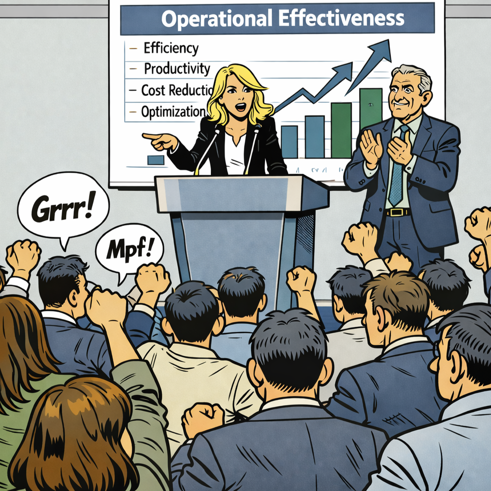 eine Präsentation über operative Effektivität mit steigenden Balken und Pfeilen, eine Frau spricht vor einer Gruppe von geschäftsmännern und -frauen, die protestieren und laute Geräusche machen