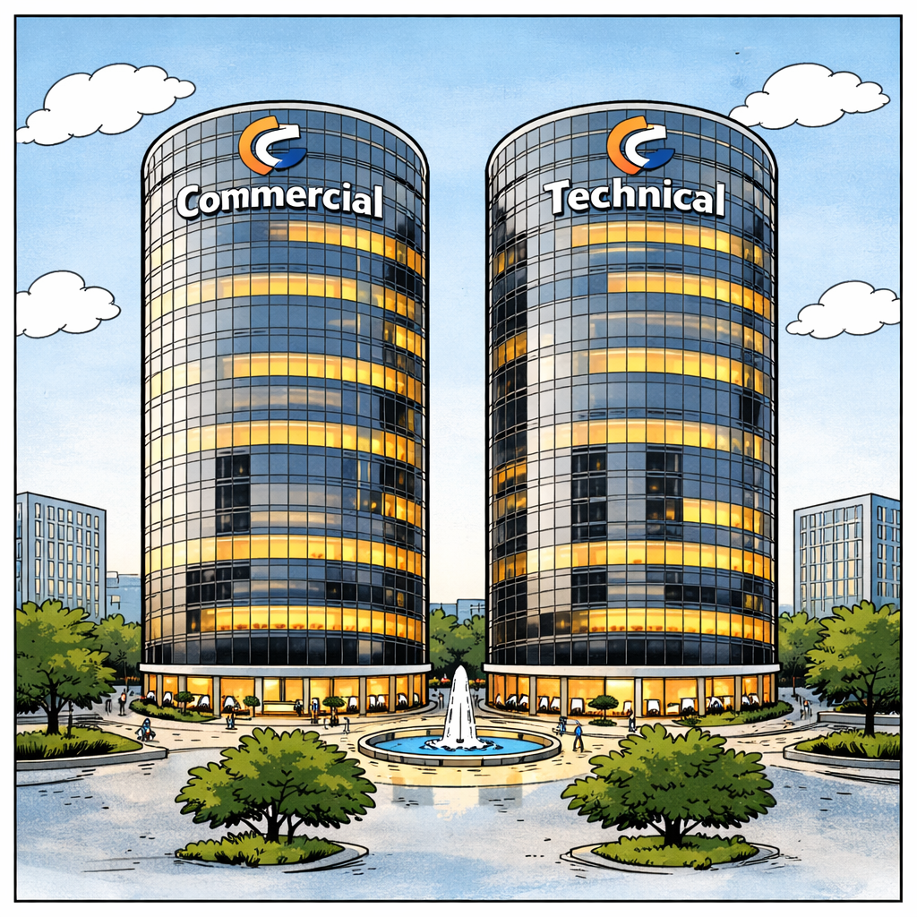 Zwei moderne Bürogebäude mit den Beschriftungen "Commercial" und "Technical" an der Spitze, umgeben von Bäumen, einem Springbrunnen im Vordergrund und einem Stadtbild bei Tag mit wenigen Wolken am Himmel.