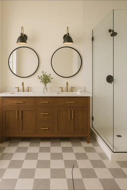 Bathroom double vanity with two round mirrors, black wall sconces, and a wooden cabinet. There is a plant between the mirrors and a glass-enclosed shower on the right.