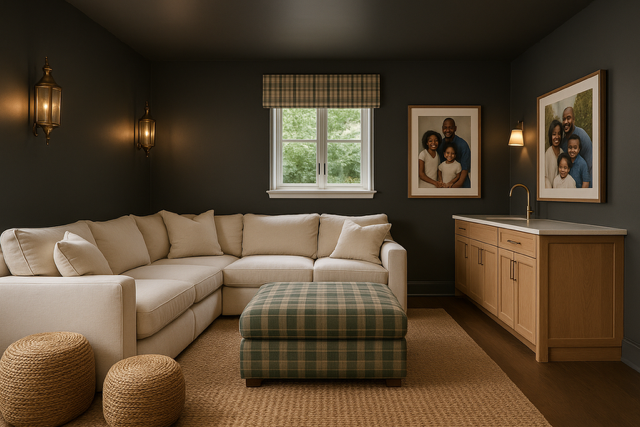 Living room with a beige sectional sofa, a plaid ottoman, two round woven poufs, a window with a checkered valance, framed family photos, wall-mounted lamps, and a wooden cabinet with a sink, all on a tan rug.