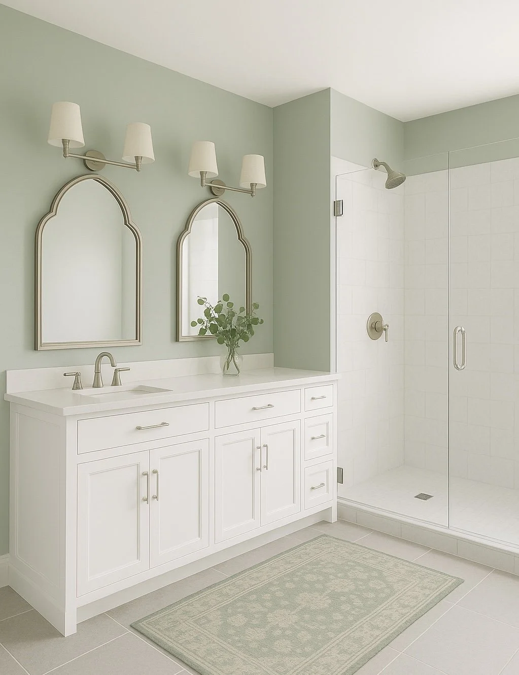 Modern bathroom with white vanity, two mirrors, wall-mounted lights, a shower with glass door, and a green wall.