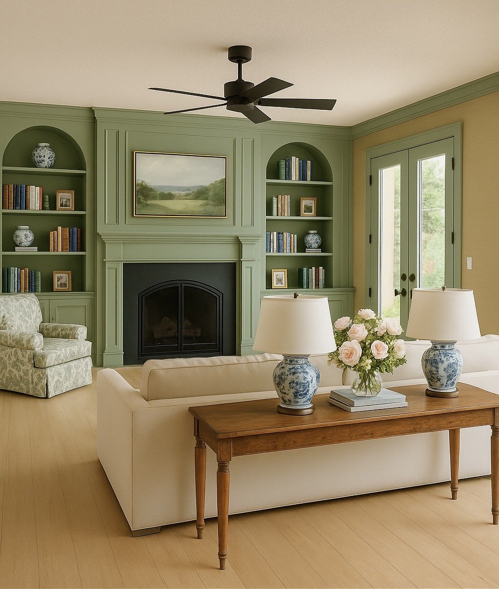 Living room with green built-in bookshelves around a fireplace, beige walls, light wood flooring, a white sofa, a wooden console table with two blue-and-white lamps and a flower arrangement, and French doors leading outside.
