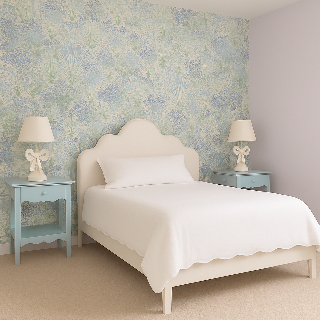A bedroom with a white bed, matching pillows, two blue nightstands with lamps, and a floral wallpapered accent wall.