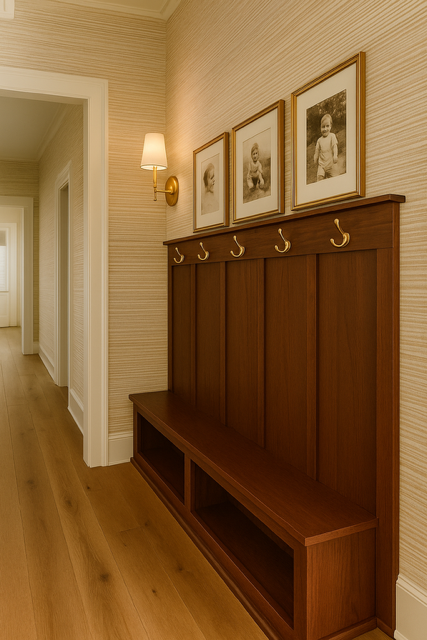 Entryway with a wooden hall tree and four framed family photos on the wall above, with a wall-mounted lamp.