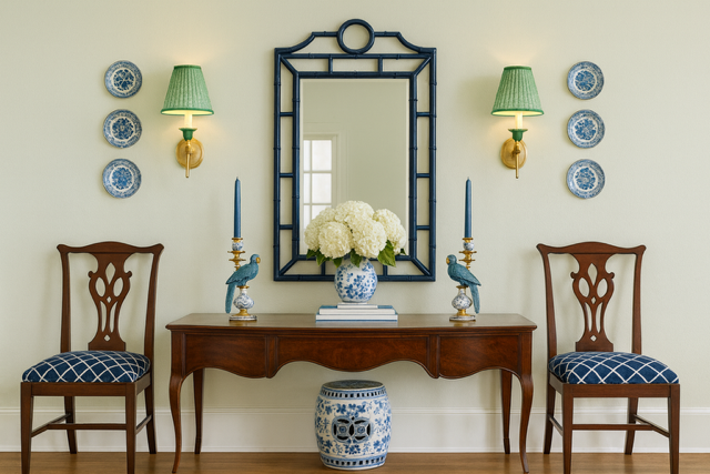 A symmetrical living room wall decor featuring a large mirror with a blue geometric frame, two green wall sconces with gold bases, four decorative blue and white plates, a wooden console table with a vase of white hydrangeas, two blue candles on gold