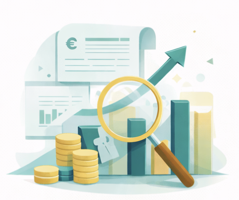 Grafik mit steigenden Balken, Münzen, einer Lupe, einem Dokument und einem Pfeil, der nach oben zeigt, symbolisiert Wachstum und Finanzen.