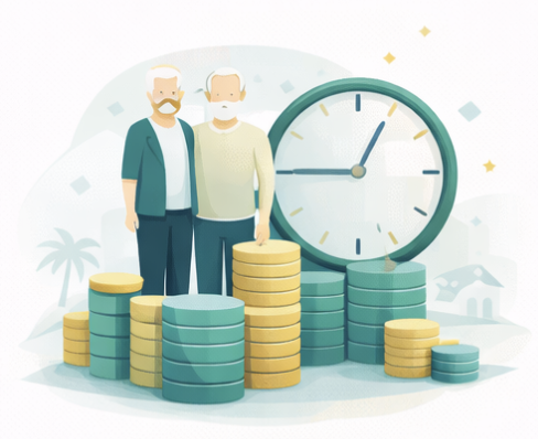 Symbol für Altersvorsorge. Die Zeit tickt, bevor man als älterer Mensch entweder vor großen Geldmengen oder der Altersarmut steht. Im Hintergrund Palmen und Häuser, symbolisch für Zeit und Geld im Ruhestand.