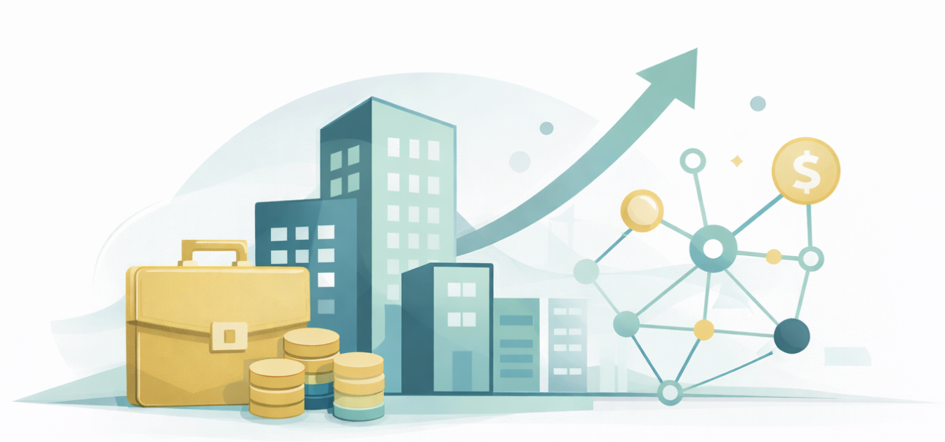Grafik mit Gebäuden, Münzen, einer steigenden Pfeillinie und einem Diagramm mit Dollarzeichen, symbolisiert Wirtschaftswachstum und Finanzen im Bereich der nicht öffentlich gehandelten Unternehmen, auch genannt Private Equity.