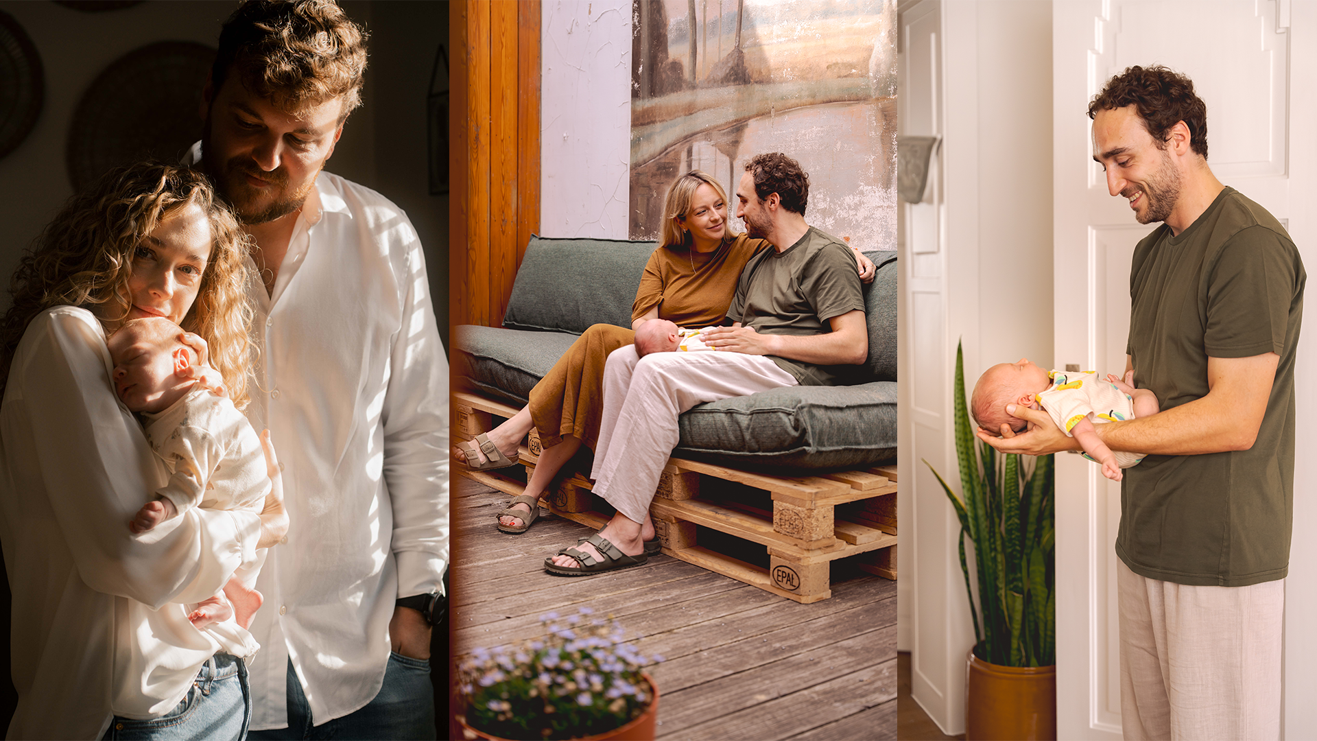 Verschillende scènes met een man, vrouw en kind, waaronder een man die een pasgeboren baby vasthoudt, een paar die samen op een bank zitten met een baby, en een vrouw die een baby inspeelt.