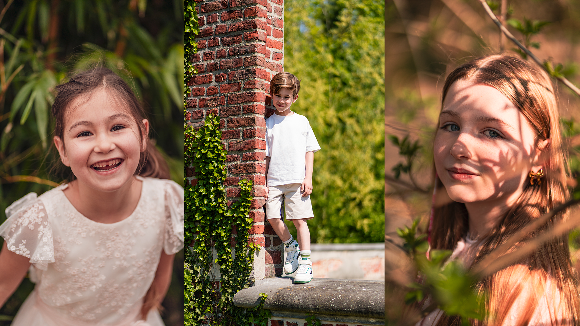 Drie portretfoto's van kinderen. Een lachende jonge meisje met bruin haar en een witte jurk, een jong jongen met lichtbruin haar en witte kleding die buiten op een muur staat, en een meisje met rood haar en oorringen die door bladeren kijkt in de zon.