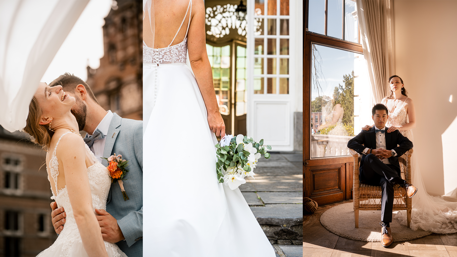 Een collage van drie huwelijksfoto's. Links een bruid en bruidegom die lachen en dicht bij elkaar staan onder een witte boog. In het midden een close-up van een bruid in een witte jurk die een bloemenboeket vasthoudt, met een achtergrond van een veranda. Rechts een man in een smoking zittend op een stoel binnen, terwijl een vrouw in een witte jurk achter hem aan een schouder legt, bij een grote open raam met uitzicht op een tuin.