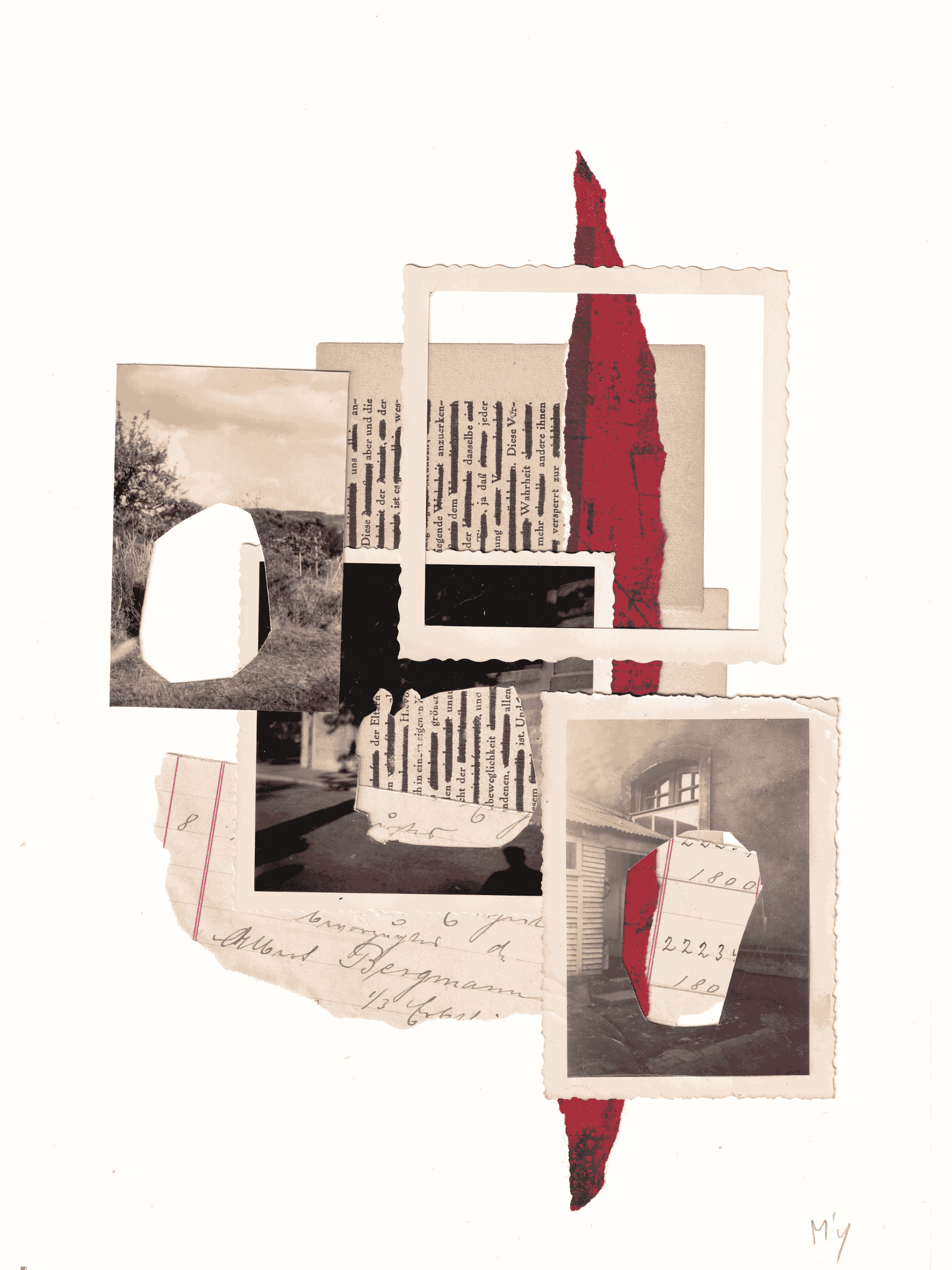 Collage of torn photographs, handwritten notes, and images of buildings and landscapes layered on a white background with a red textured element. The collage includes a black-and-white photo of a tree-lined road, a building with a roof, and a window, along with fragments of newspaper and handwritten script.