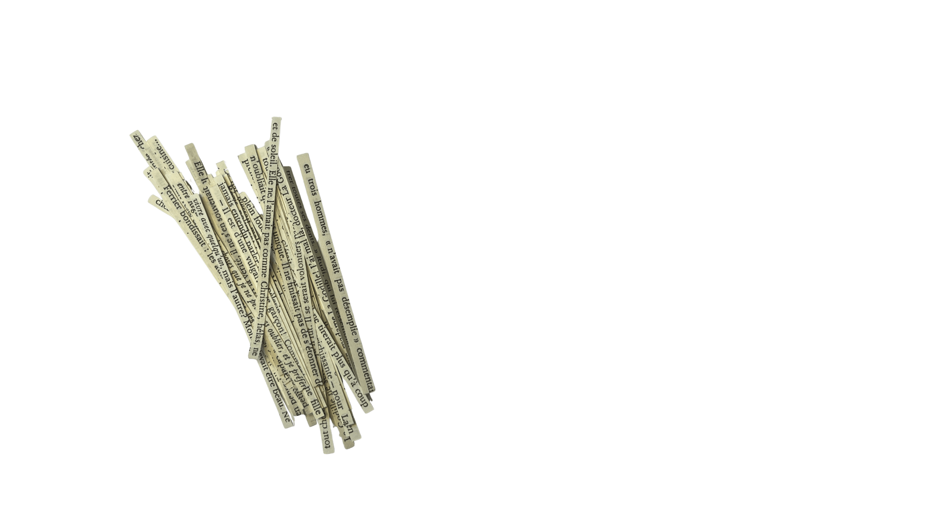 Black background with a cluster of yellowed, torn and frayed paper strips with French text in black font.