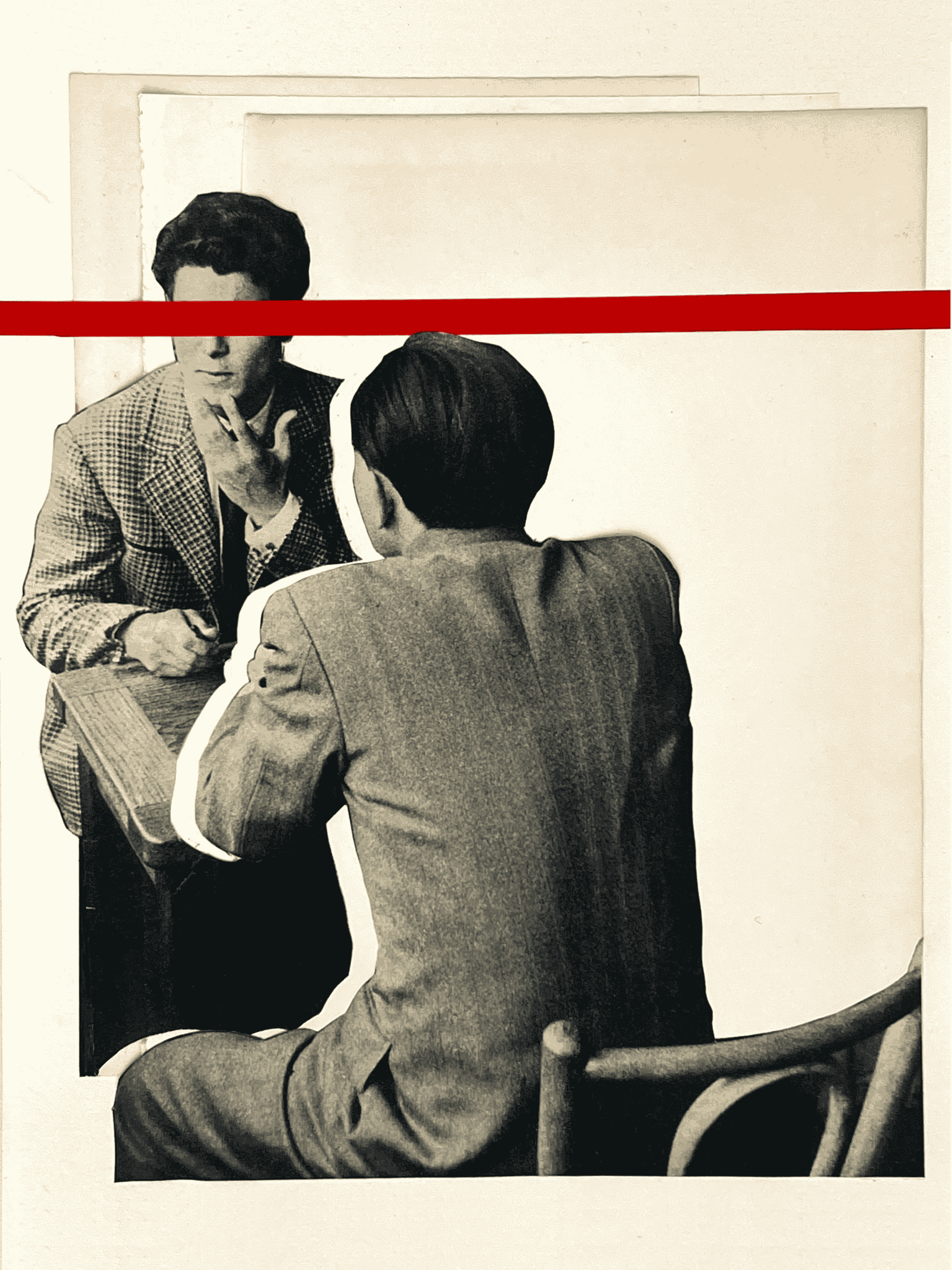 Black and white photo of two men having a conversation, one sitting with his back to the camera wearing a suit, the other standing with a cigarette, wearing a checked blazer. A red line runs horizontally across the image above the men's heads.