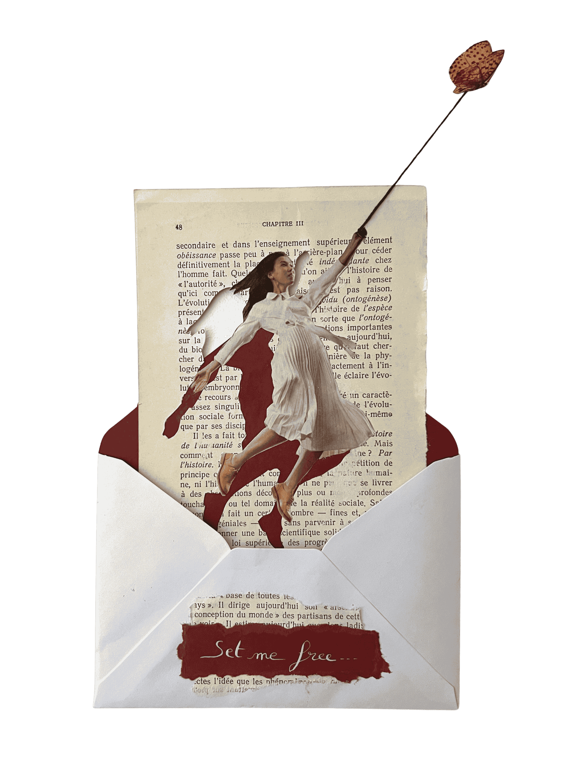 A book page with a cutout of a woman and two other women sprouting from it, inside an envelope with a red label saying "Set me free..." and a feather quill pen.