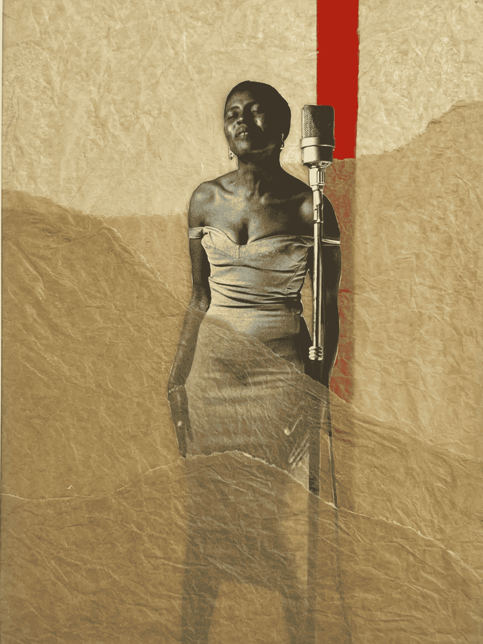 A woman singing in front of a microphone in a recording studio, with a textured beige and red wall background.