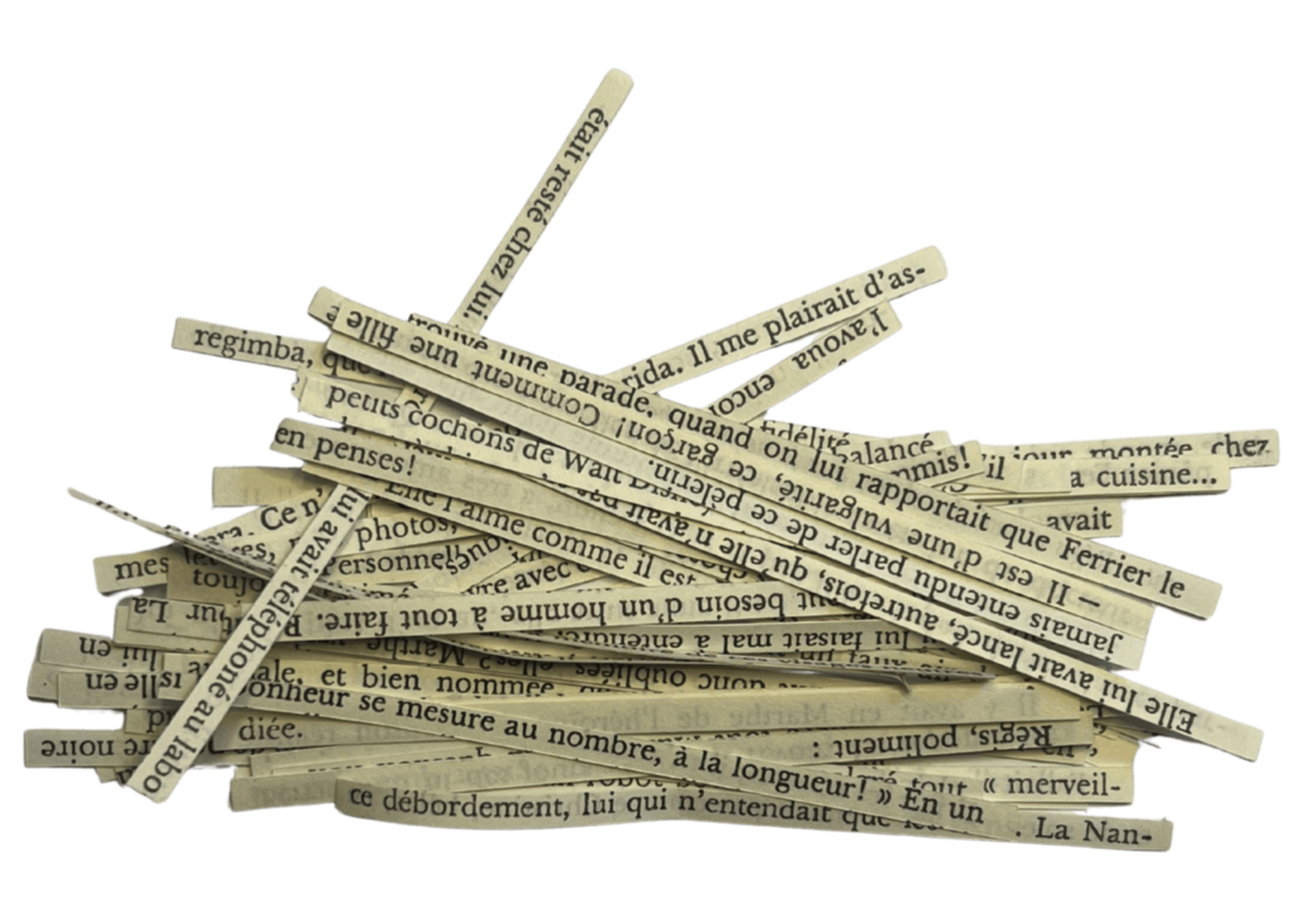 A pile of cut newspaper strips with French text