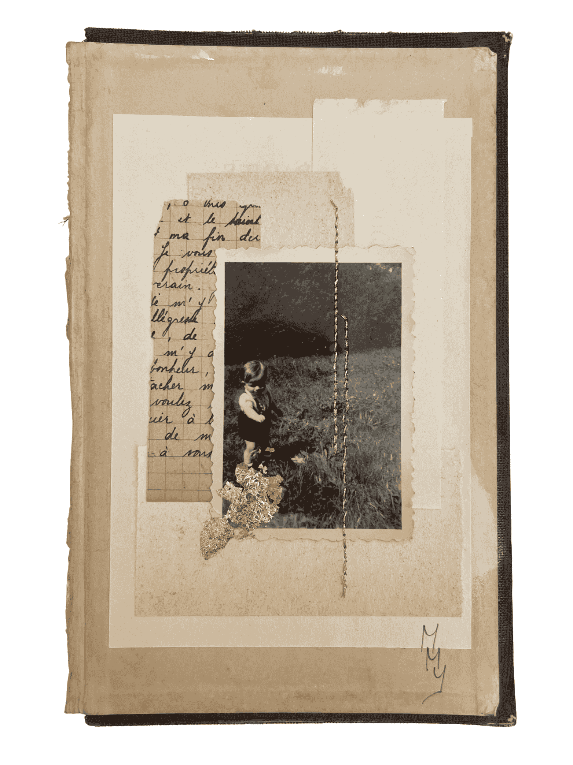 A collage of vintage style paper with handwritten notes, a torn piece of paper, a black-and-white photograph of a child outdoors, and decorative elements.