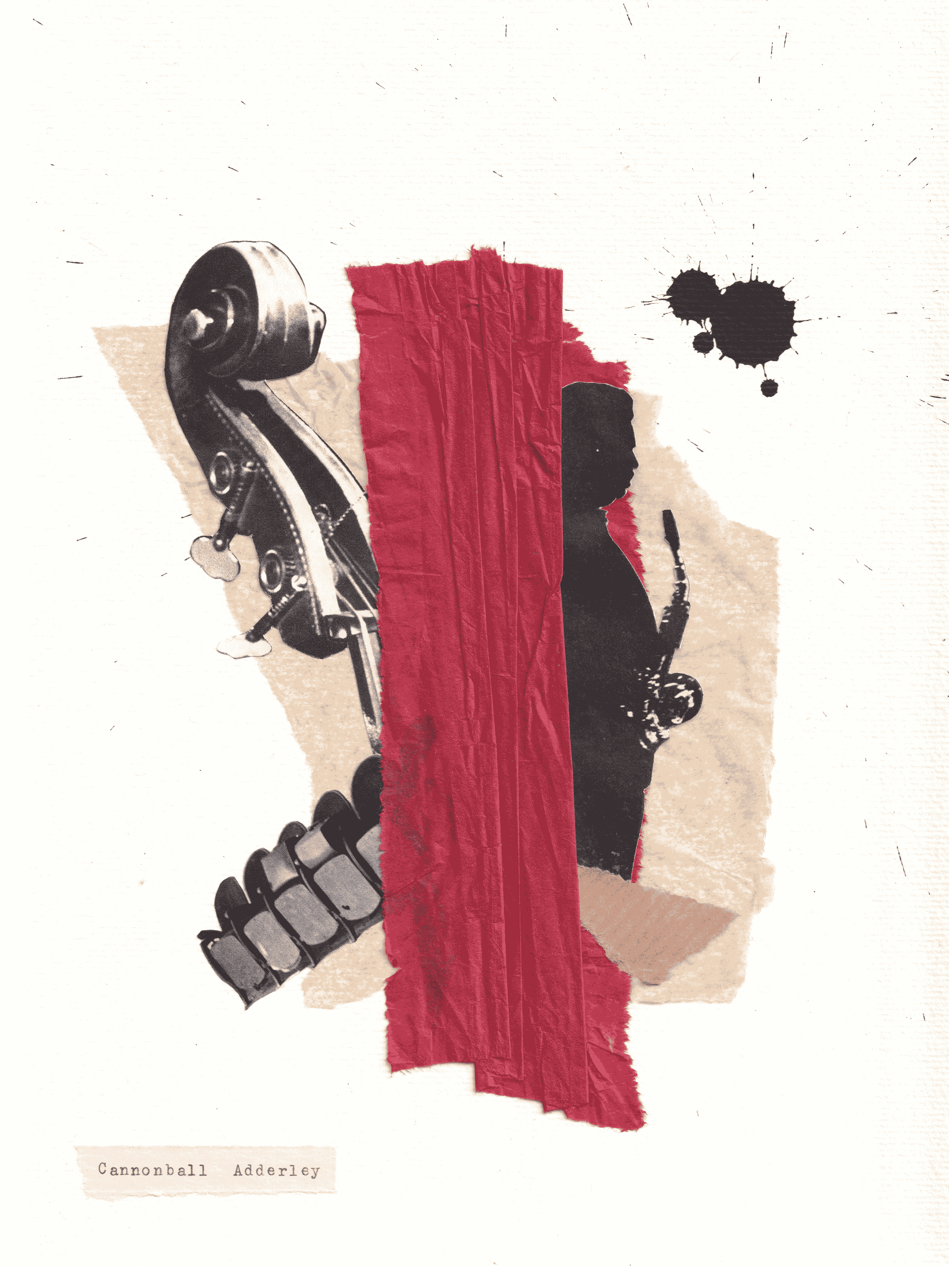 Mixed media collage artwork by Cannonball Adderley featuring a black and white drum and a silhouette of a person holding a saxophone, with red paper tape and black ink splatters.