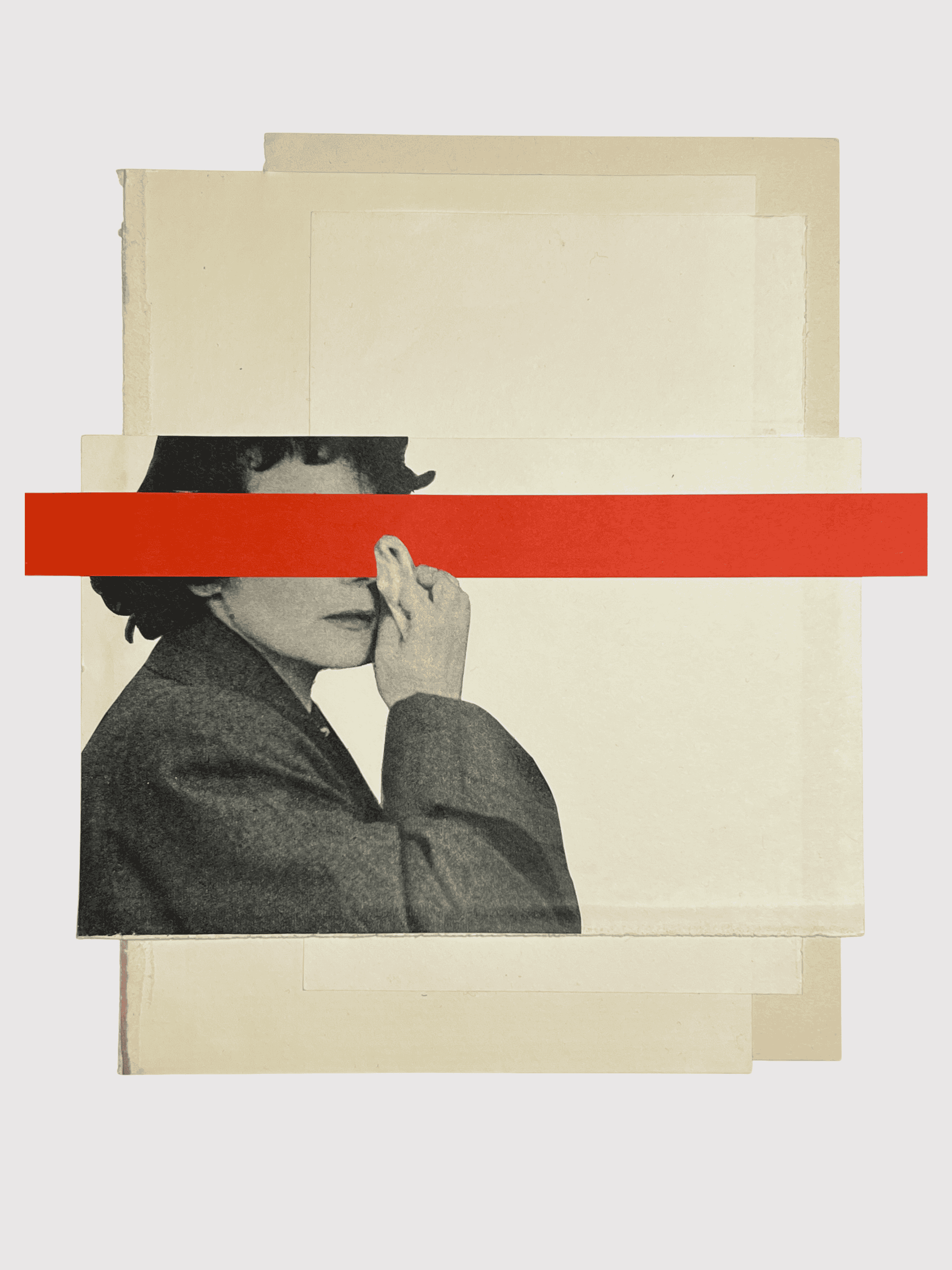 A black and white photograph of a woman with wavy hair, wearing a dark blazer. Her eyes and the upper part of her face are obscured by a red horizontal bar. The woman is holding her hand up to her face, touching her nose or forehead, with a neutral expression.