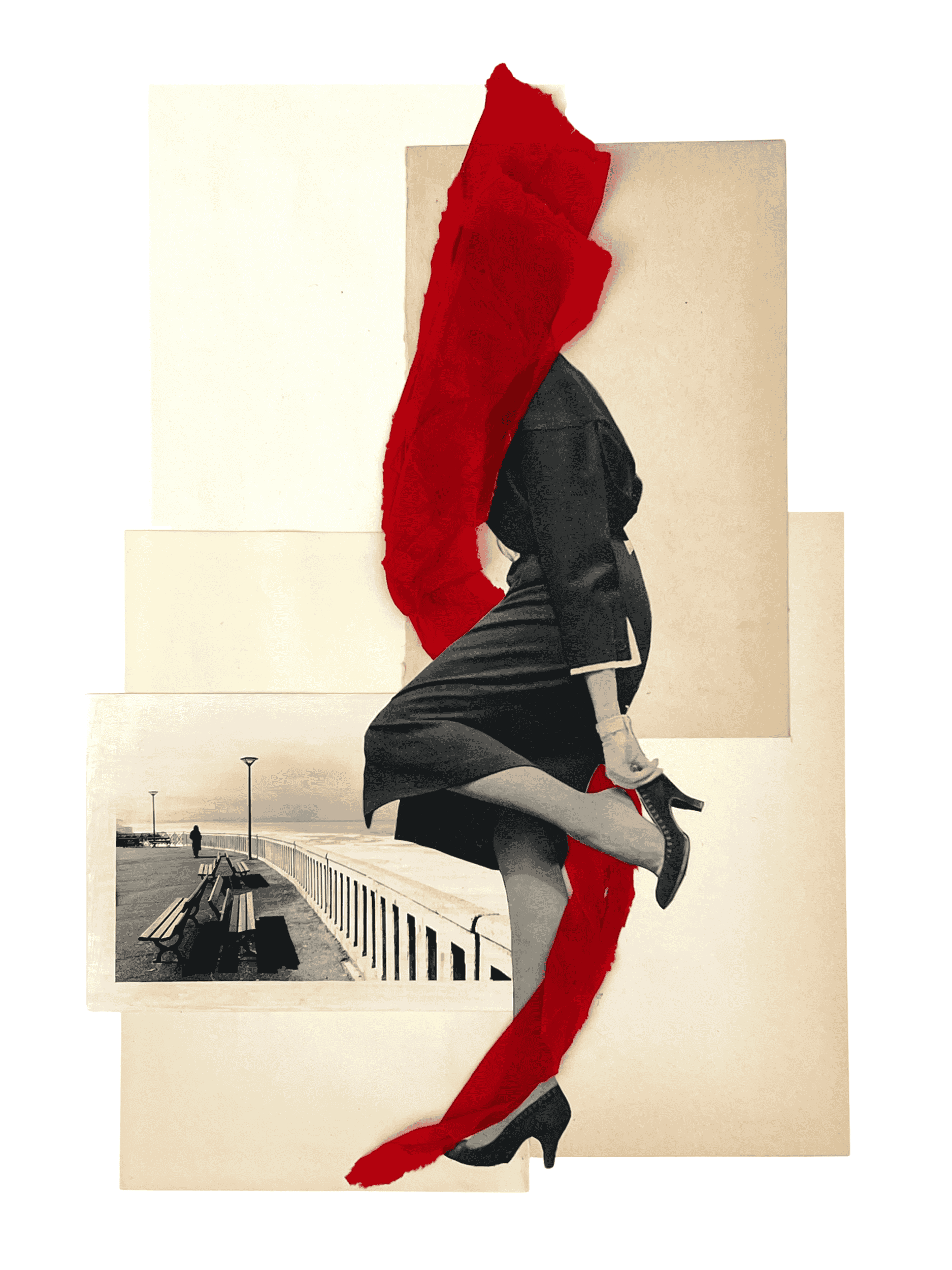 A collage of a woman in high heels and a skirt, with a red cloth partially covering her face, set against layers of beige and black-and-white backgrounds, including a seafront scene with benches and streetlights.
