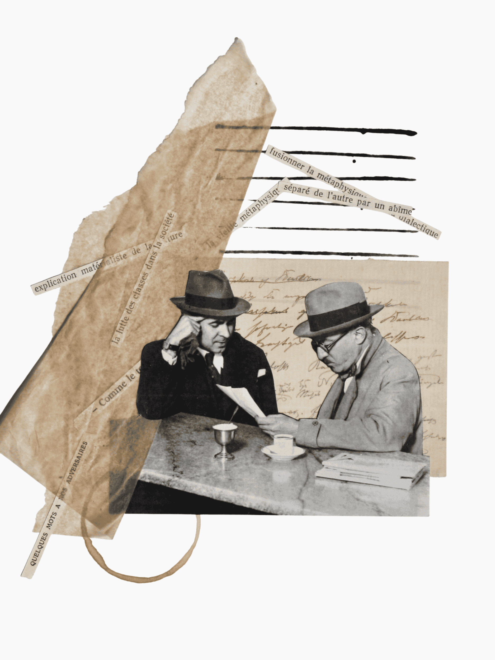 Collage of black and white photo of a man and woman sitting at a table with cups, surrounded by torn newspaper and paper snippets with handwritten and typed text.