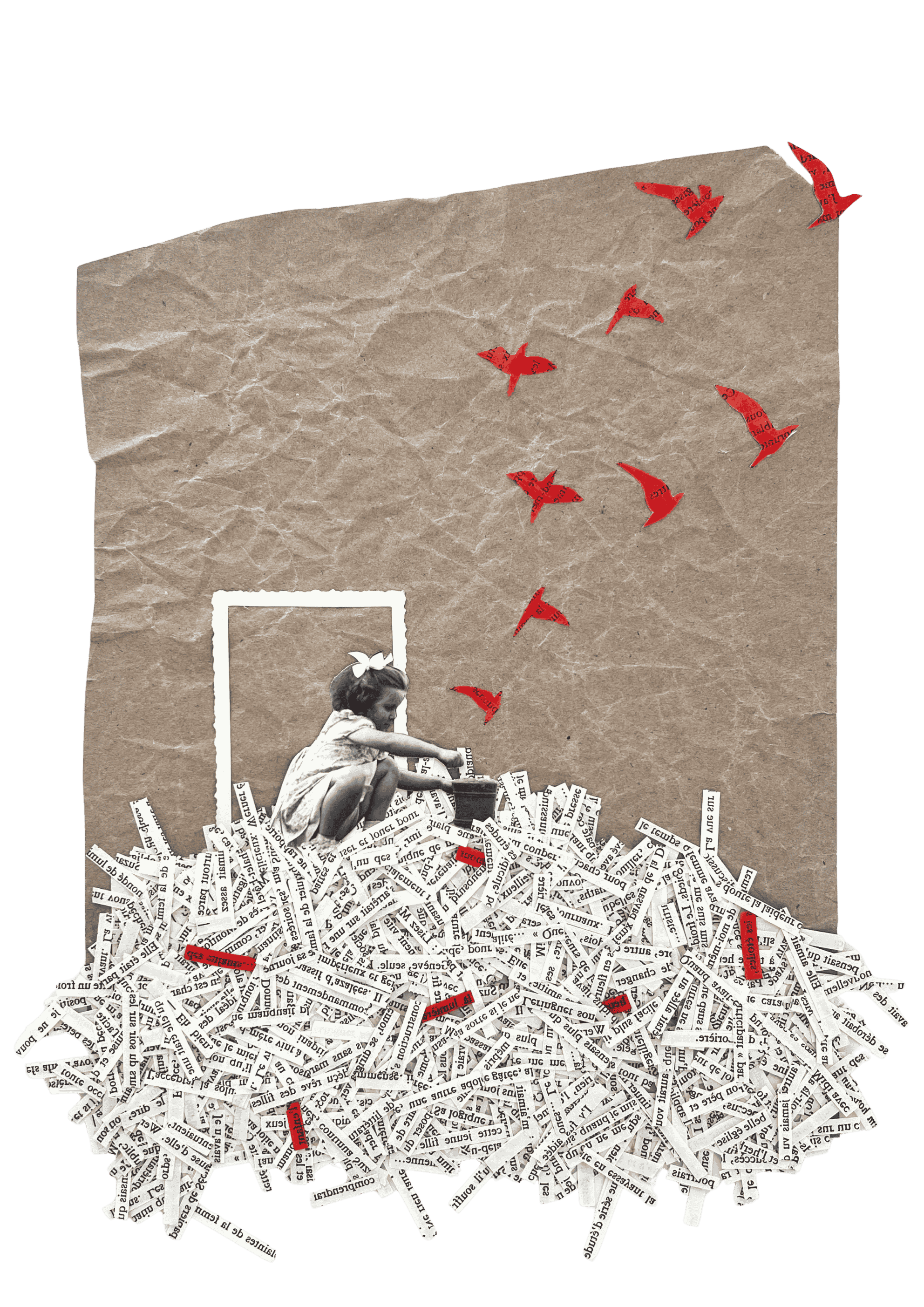 A collage of a girl crouching in a pile of torn newspaper clippings, with birds made from red paper flying above her against a black background.