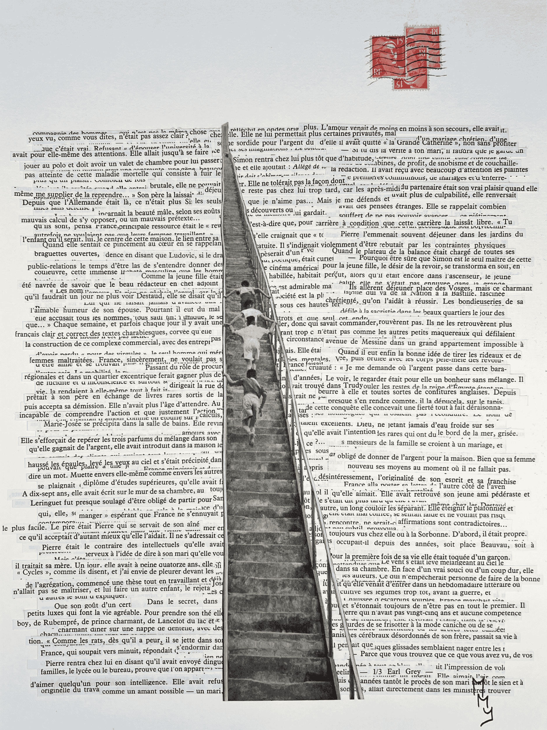 Children climbing a ladder against a background of printed text in French, with a red postage stamp in the upper right corner.