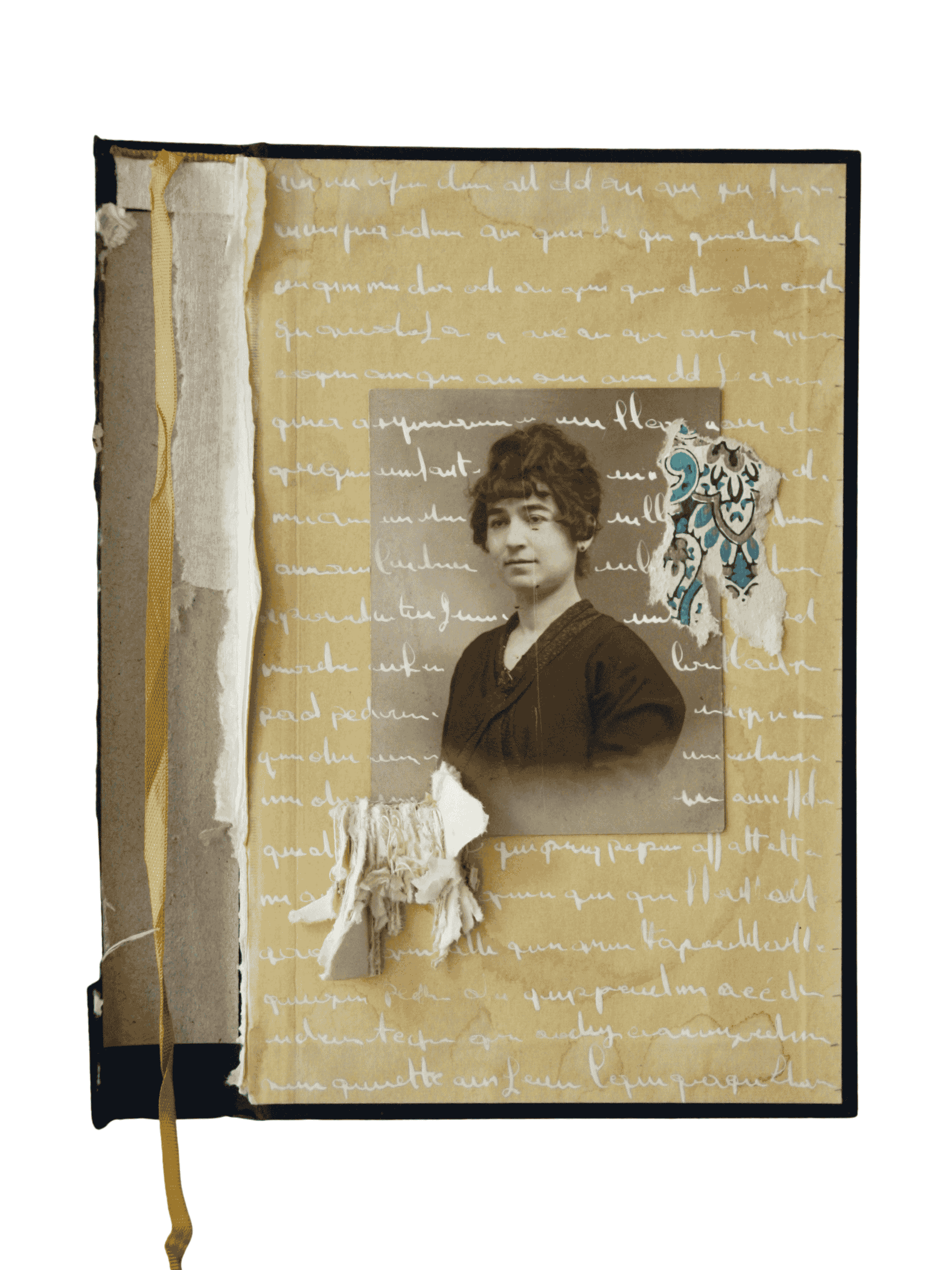 A scrapbook page featuring a black and white portrait photograph of a woman with short hair, torn pieces of paper, decorative elements, and handwritten text in the background.