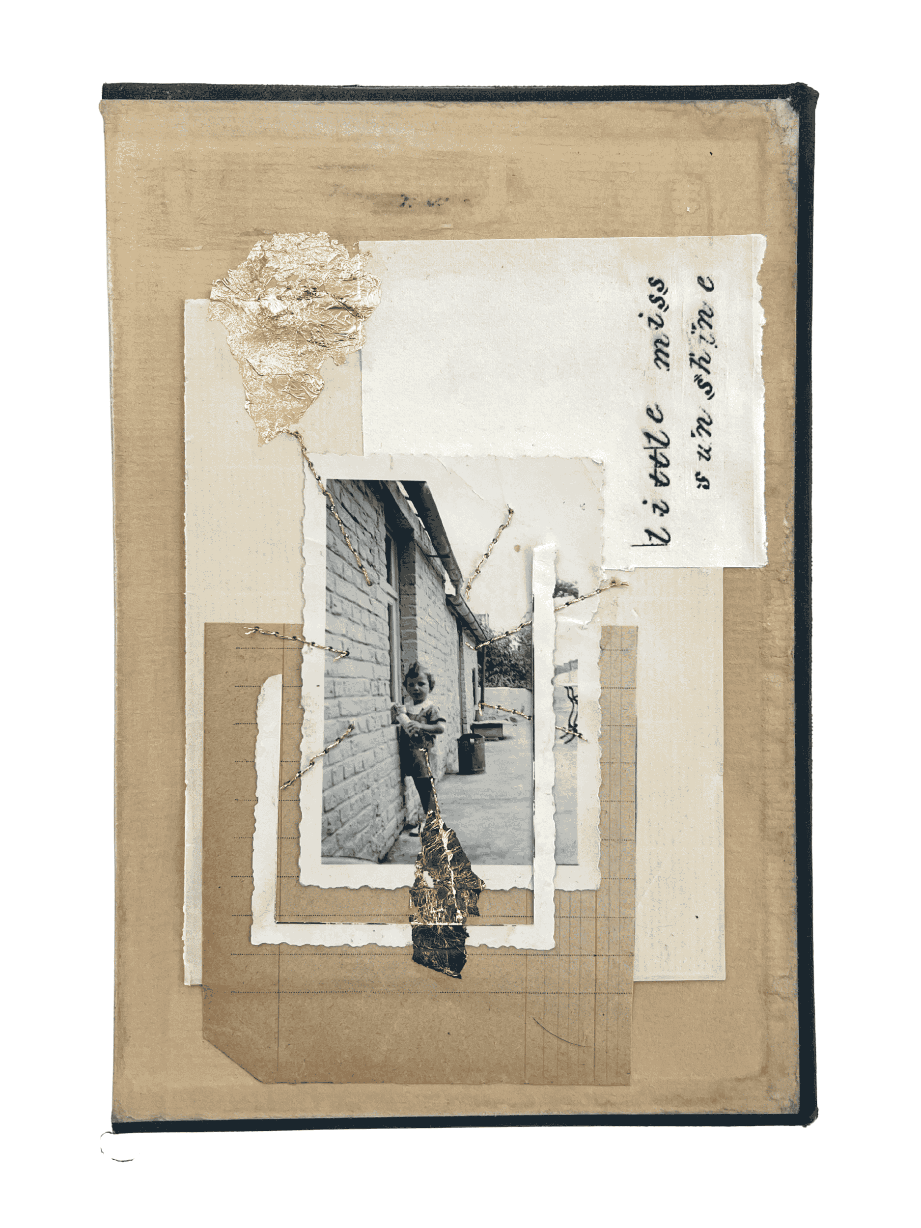 A collage of vintage paper and tape with a black-and-white photo of a young girl standing against a brick wall, inscribed with handwritten text.