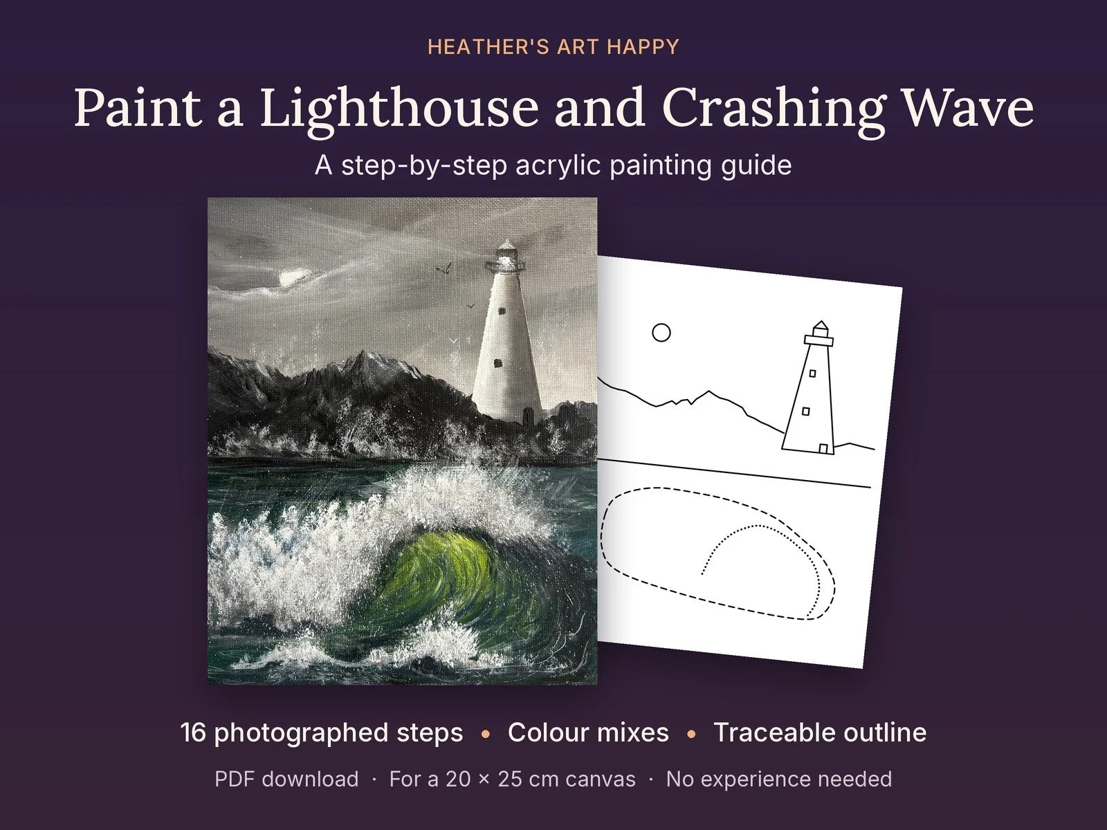 Paint a Lighthouse and Crashing Wave - Step-by-Step Acrylic Painting Guide Including Free Traceable Outline