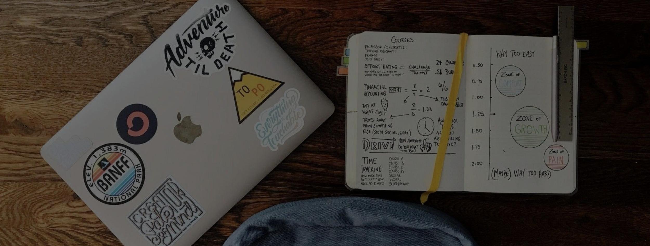 Open laptop with stickers on the lid, placed on a wooden surface, next to an open notebook with handwritten notes, a yellow elastic band, and a ruler.