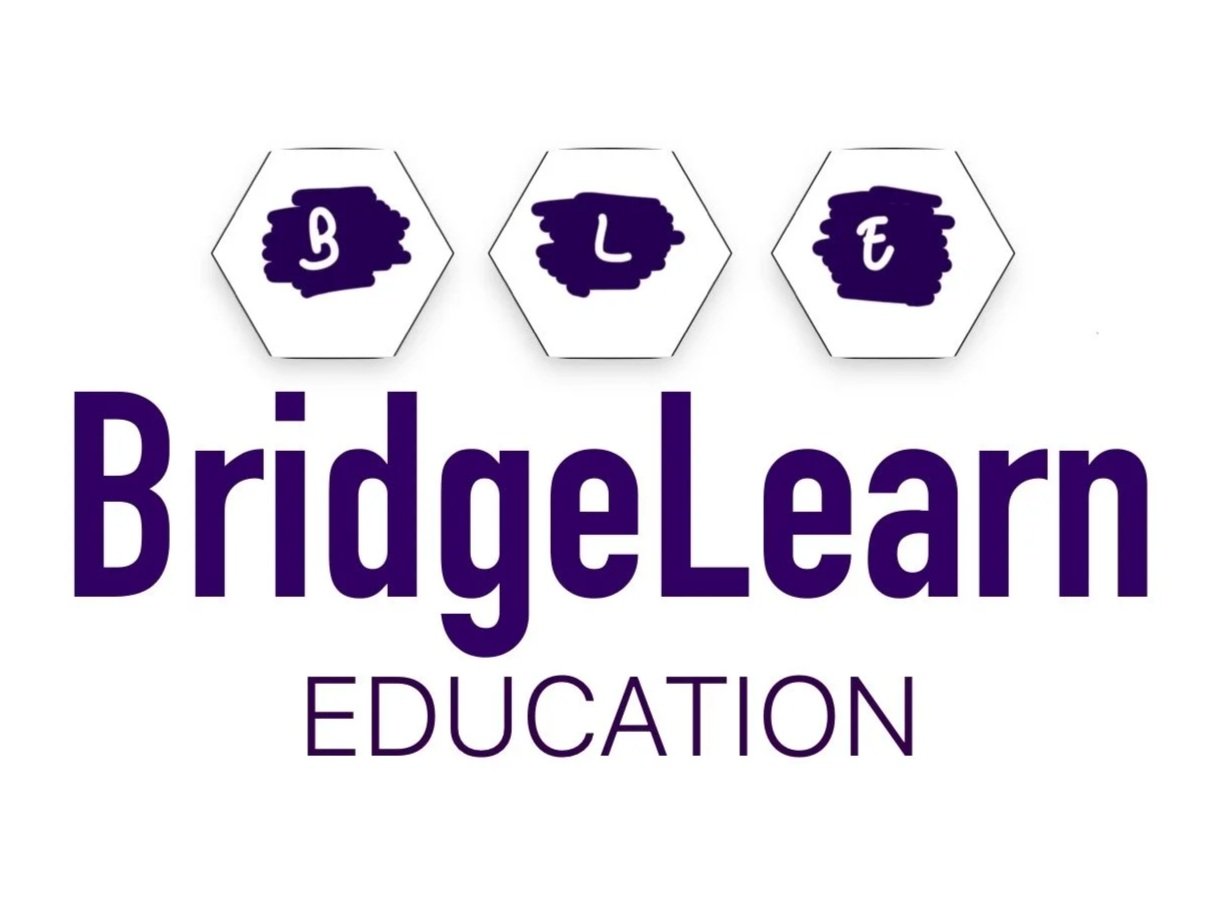 Logo for BridgeLearn Education with three hexagon icons containing the letters B, L, and E in dark purple.