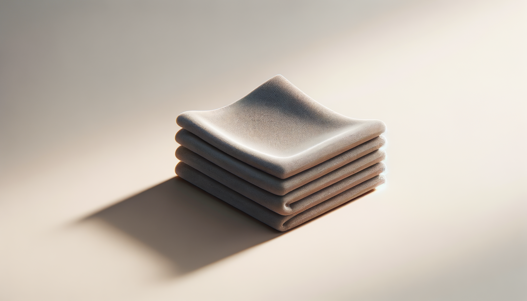 Stack of beige folded fabric napkins on a light surface with soft lighting and shadow.