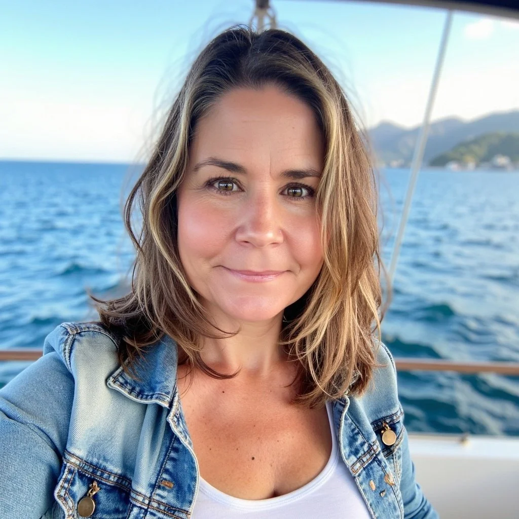 A woman with shoulder-length light brown hair taking a selfie on a boat with water and distant islands in the background.