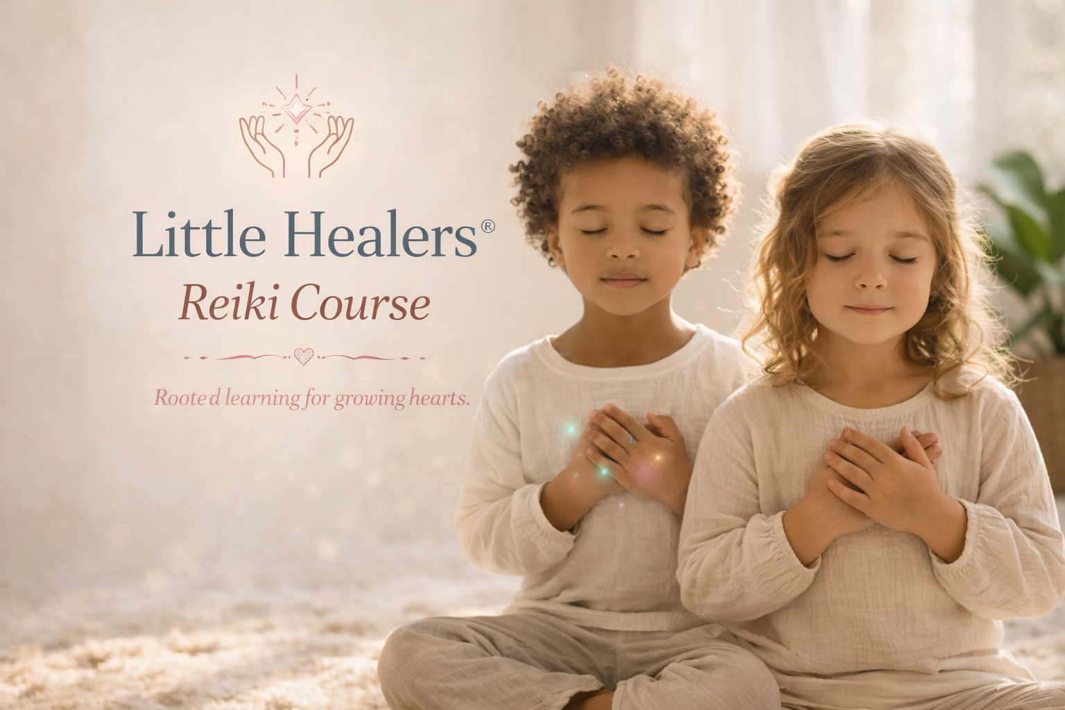 Two children sitting cross-legged with hands over their hearts, eyes closed, in a warm, softly lit room, promoting a Reiki course for little healers.