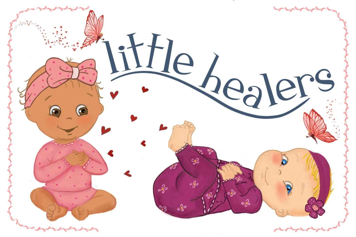 An illustrated logo for 'Little Healers' featuring two smiling babies, one sitting with hands over her heart and wearing pink pajamas with a pink bow in her hair, and the other lying on her side with crossed arms wearing purple pajamas and a headband, surrounded by butterflies and small red hearts.
