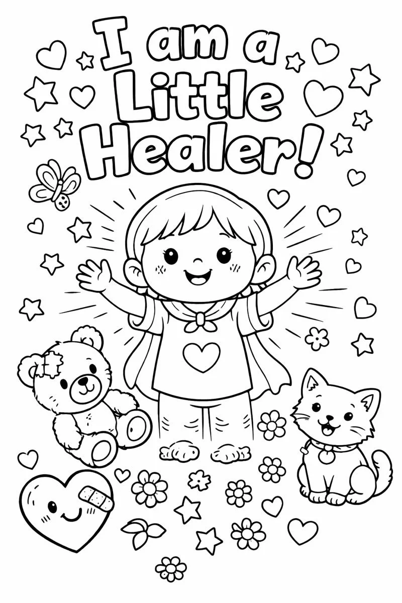 A coloring page with a cartoon girl celebrating as a healer, surrounded by a teddy bear, a cat, hearts, flowers, stars, a butterfly, and a smiling bandaged heart. The text says "I am a Little Healer!"
